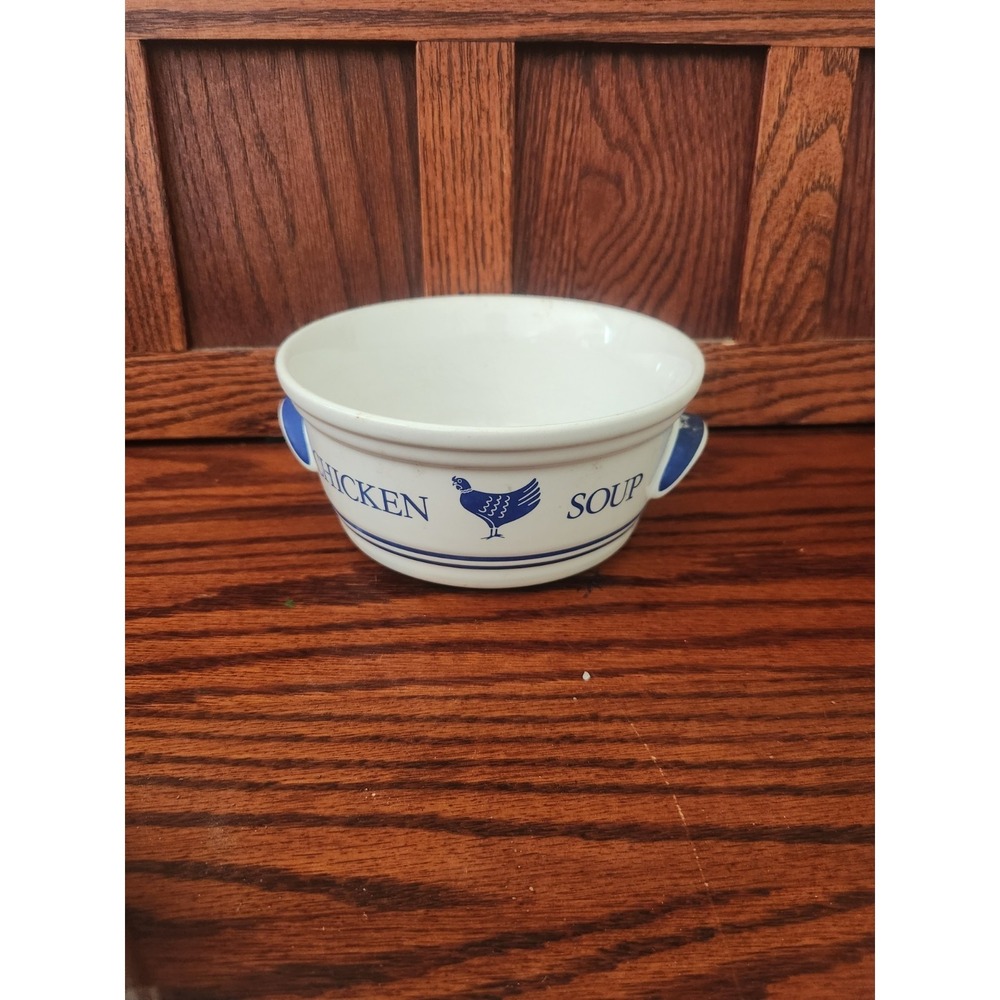 Vintage‎ 1985 F.T.D.A. Chicken Soup Bowl w/ Handles Blue White Rooster Korea